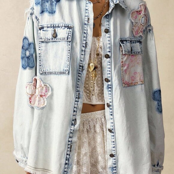 Blue Casual Women's Woven Patchwork Floral Long Sleeve Loose Wash Denim Shirt - Picture 3 of 7